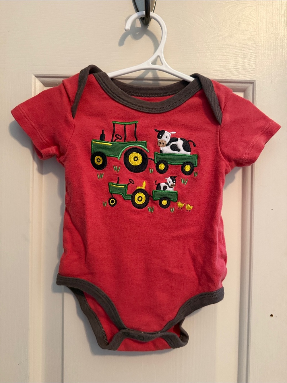 Red John Deere Onesie with Farm Tractor & Cow Embroidery 3-6 months